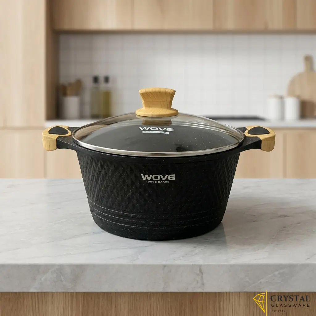 Wove branded non-stick granite casserole pot with a glass lid and wooden handles - 28 cm